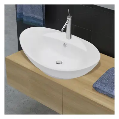 vidaXL Ceramic Basin Oval with Overflow Faucet Hole Countertop Bathroom Sink