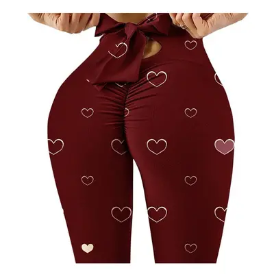 (Red Heart, XL) Wave Point Bow Yoga Pants for Women Push Up Workout Sport Fitness High Waist Squ