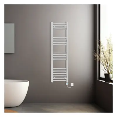 (Chrome, 1400x400mm) Prefilled Electric Heated Towel Rail Radiator Curved Thermo Smart WiFi