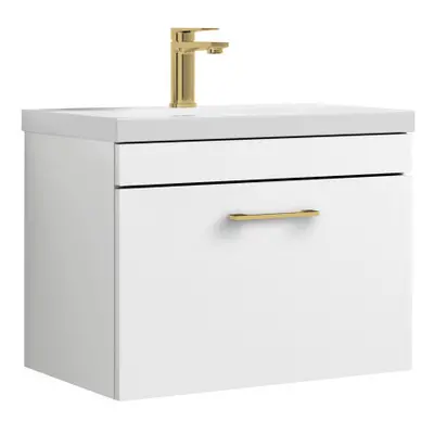 Rio Drawer Wall Hung Vanity Basin Unit - 600mm - Gloss White with Brushed Brass D Handle (Tap No