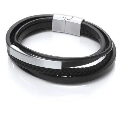 Jewelco London Mens Rhodium Plated Stainless Steel Black Leather Multi Strand ID Cuff Bracelet 1