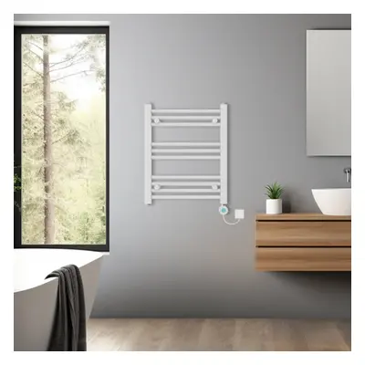 (White, 600x500mm) Pre-filled Bathroom Straight Electric Heated Towel Rail Radiator Thermostatic