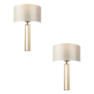 2 PACK Antique Brass Slotted Wall Light & Mink Satin Half Shade - Dimmable