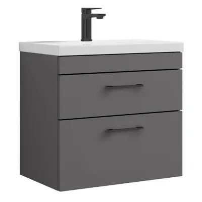 Rio Drawer Wall Hung Vanity Basin Unit - 600mm - Gloss Grey with Square Black D Handles (Tap Not