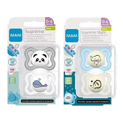 MAM Dental Dummy Supreme Months, Pack of 4, Orthodontic Soother, Thin Teat, Skin-Friendly with E