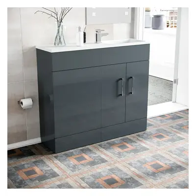 James 1000mm Freestanding Grey MDF Slimline Vanity Cabinet & White Resin Basin