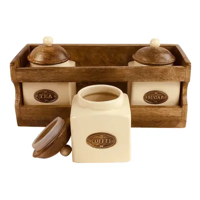 Wooden Rack Cabinet with Set Ceramic Tea Coffee Sugar Storage Jars