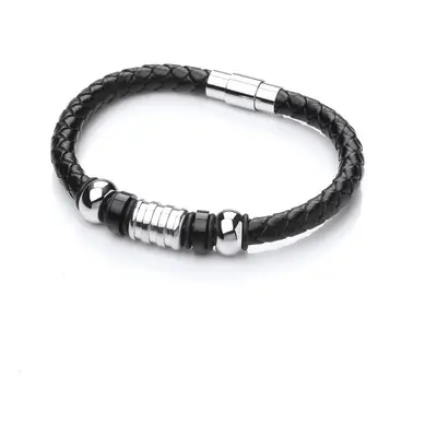 Jewelco London Mens Rhodium Plated Stainless Steel Black Leather Charm Bead Cuff Bracelet 11mm -