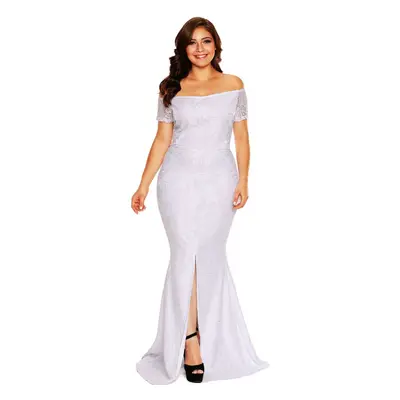 (White, 2XL) Women Maxi Off Shoulder Lace Dress Short Sleeves Split Hem Back Zipper Elegant Long