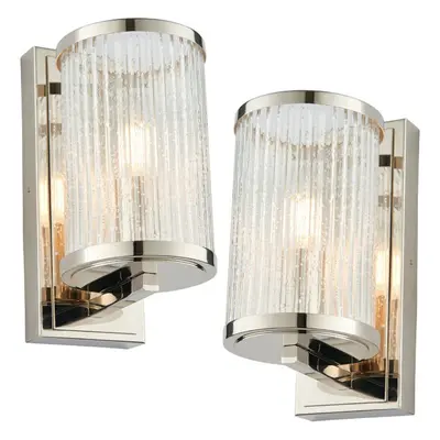 2 PACK Dimmable LED Wall Light Nickel & Ribbed Bubble Glass Shade Hanging Lamp