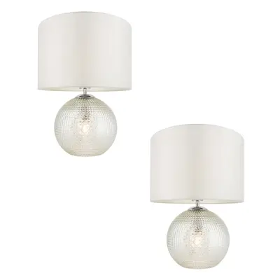 2 PACK Clear Prism Glass Twin Lit Table Lamp Light & Vintage White Fabric Shade