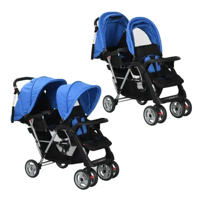 (blue) vidaXL Tandem Stroller Steel Child Toddler Baby Pram Pushchair Baby Buggy