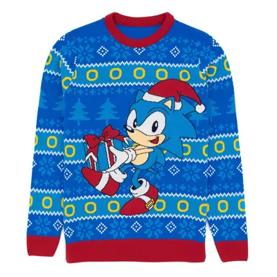 (S, Blue/Red) Sonic The Hedgehog Unisex Adult Knitted Christmas Jumper