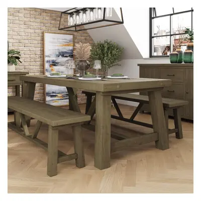 FWStyle Dining Table & Benches + Leaf Extender Set Solid Pine 200cm Table