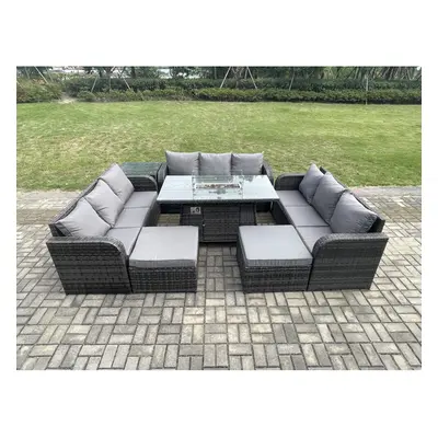 Fimous Outdoor Rattan Furniture Garden Dining Set Gas Fire Pit Table With Side Table Lounge Sofa