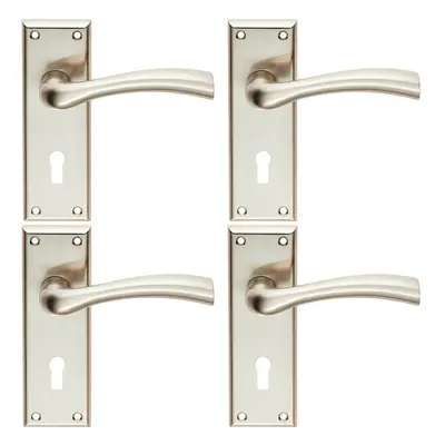 4x Chunky Curved Tapered Handle on Lock Backplate x 50mm Satin Nickel