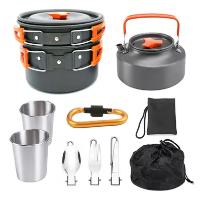 (Orange) Person Camping Cookware Set Portable Outdoor Tableware Kit Campfire Kettle Pot Folding 