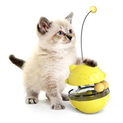 (Yellow) 3-In-1 Interactive Cat Leaking Food Ball with Teasing Wand Pet Slow Food