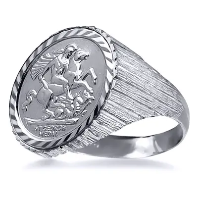 (Z) Jewelco London Men's Solid Silver Ribbed Barked St George & Dragon Medallion Ring (Half Sov 