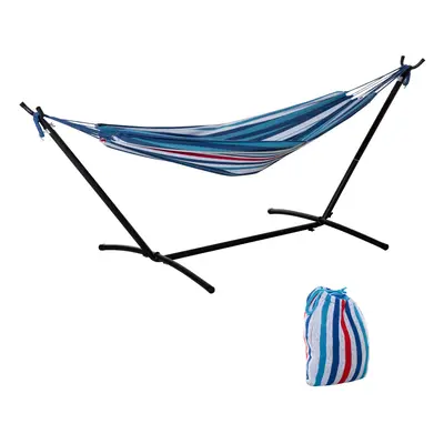 Outsunny x 117cm Hammock with Metal Stand Carrying Bag 120kg White Stripe