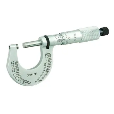 Starrett T230XFL Outside Micrometer, Friction Thimble, Lock Nut, Carbide Faces, 0-1' Range, 0.00