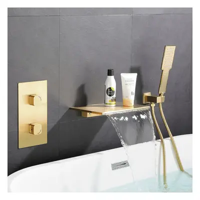 (Brushed Gold) Bathtub Waterfall Faucet Set Wall Mount Tub Spout Hot and Cold Mixer Concealed Ta