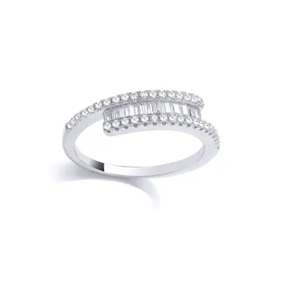 (R) Jewelco London Sterling Silver CZ Baguette Crossover Ring Eternity Ring - GVR975