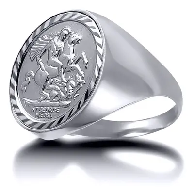 (P) Jewelco London Men's Solid Sterling Silver Domed Polished St George & Dragon Medallion Ring 