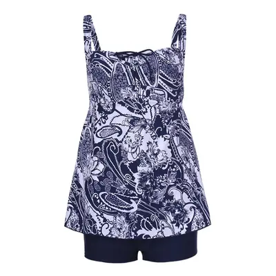 (Blue, 2XL) Women Sexy Printing Spaghetti Strap Swimwear Bandage Backless Split Bikini