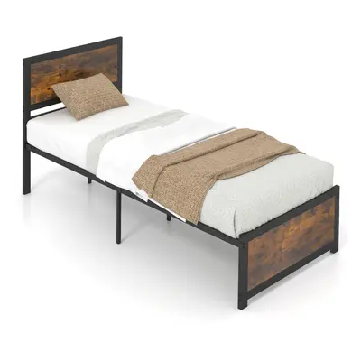 Industrial Single Bed Frame Metal Platform Bed w/Headboard Metal Slats