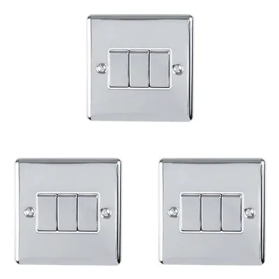 3 PACK Gang Triple Metal Light Switch POLISHED CHROME Way 10A White Trim