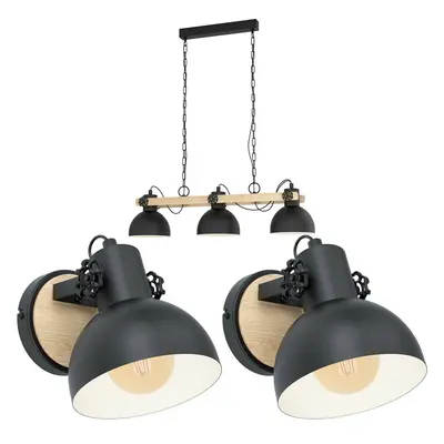 Ceiling Pendant & 2x Matching Wall Lights Black Industrial Shade & Wood Bar Lamp