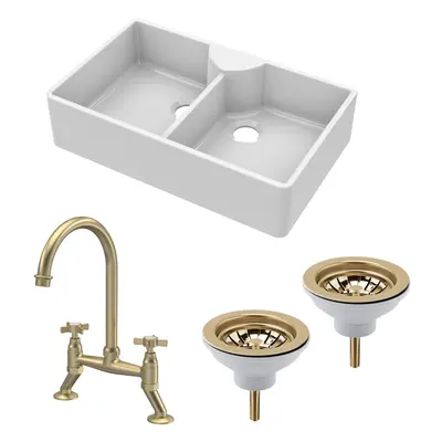 Fireclay Kitchen Bundle - Double Bowl Butler Sink, x Wastes & Bridge Crosshead Tap, 895mm - Brus