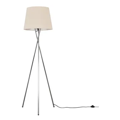 Modern Polished Chrome Metal Tripod Floor Lamp with a Beige Tapered Shade