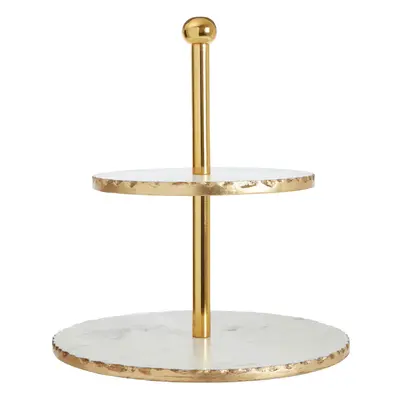 Premier Housewares Tier White Marble / Gold Finish Cake Stand