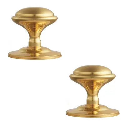 2x Round Victorian Centre Door Knob Polished Brass 85mm Rose Outdoor Handle