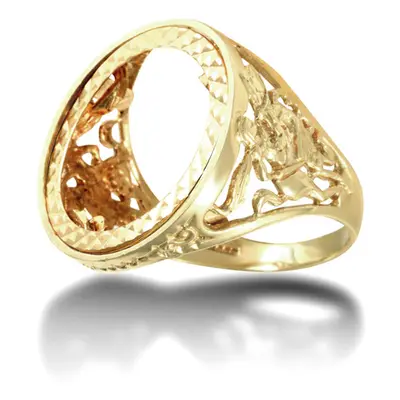 (L) Jewelco London Men's Solid 9ct Yellow Gold St George Dragon Slayer Half Sovereign Mount Ring