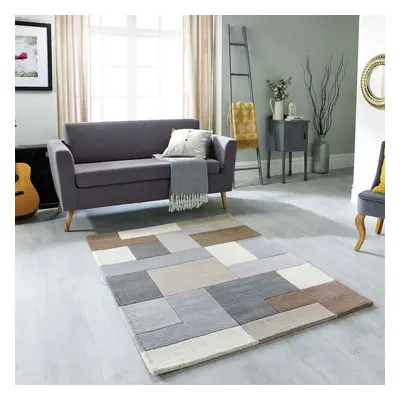 (Beige, x cm) Modern Geometric Checkered Multi Coloured Rugs 100% Wool Hand Made Eco Friendly Sm