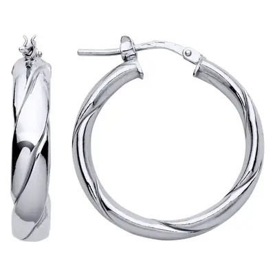 Jewelco London Ladies Rhodium Plated Sterling Silver Plaited Flat Twist Hoop Earrings 25mm 5mm -