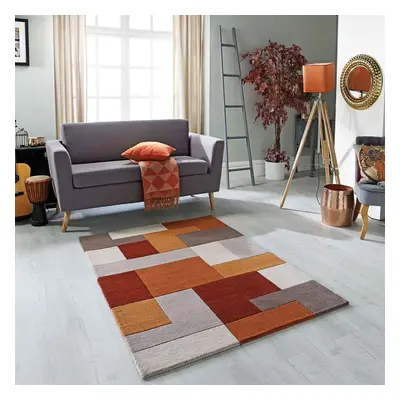 (Orange, x cm) Modern Geometric Checkered Multi Coloured Rugs 100% Wool Hand Made Eco Friendly S