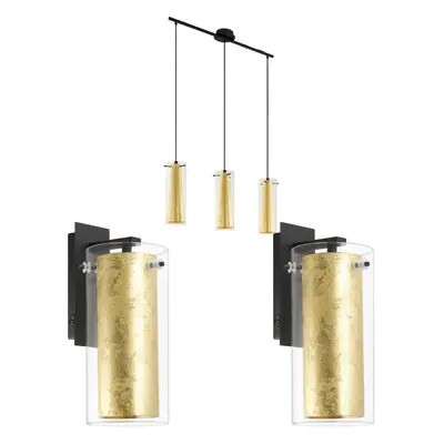 Ceiling Pendant Light & 2x Matching Wall Lights Clear Glass & Gold Shade Lamp