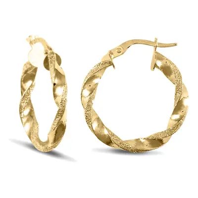 Jewelco London Ladies 9ct Yellow Gold Frosted Edge Twisted 3mm Hoop Earrings 22mm - JER678B