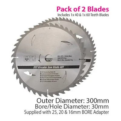 QTY 300mm x 30mm TCT Circular Saw Blades 40T 60T 25mm 20mm 16mm Rings