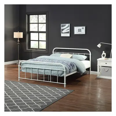 (King Size x 200cm, No Mattress) TEWIN HOSPITAL STYLE WHITE METAL BED FRAME