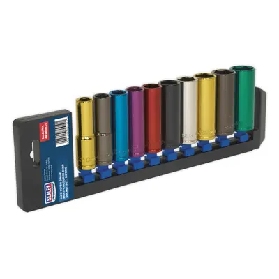 10 PACK Multi Colour DEEP Socket Set 1/2" Metric Square Drive - Pt WallDrive