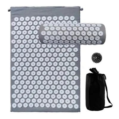 (Grey) Acupressure Mat and Pillow Set with Spiky Massage Ball Carry Bag for Back Neck Pain Stres