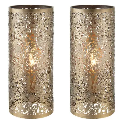 2 PACK | Pattern Table Lamp Light Aged Brass Floral Bird Metal Cylindrical Shade