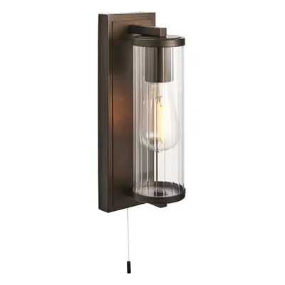 Dark Bronze Bathroom Wall Light & Ribbed Cylinder Glass Shade IP44 Rated Fitting