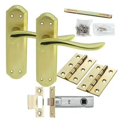 Door Handle & Latch Pack Brass Modern Curved Sculpted Lever Ornate Backplate