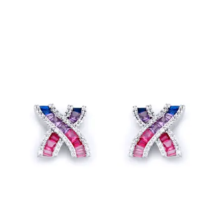 Jewelco London Rhodium Silver Pink Lilac Blue Princess Baguette CZ Crossroads Channel Kisses Stu